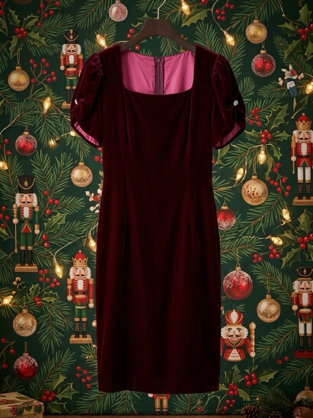 Vintage 90s Burgundy Velvet Puff Sleeve Cocktail Dress